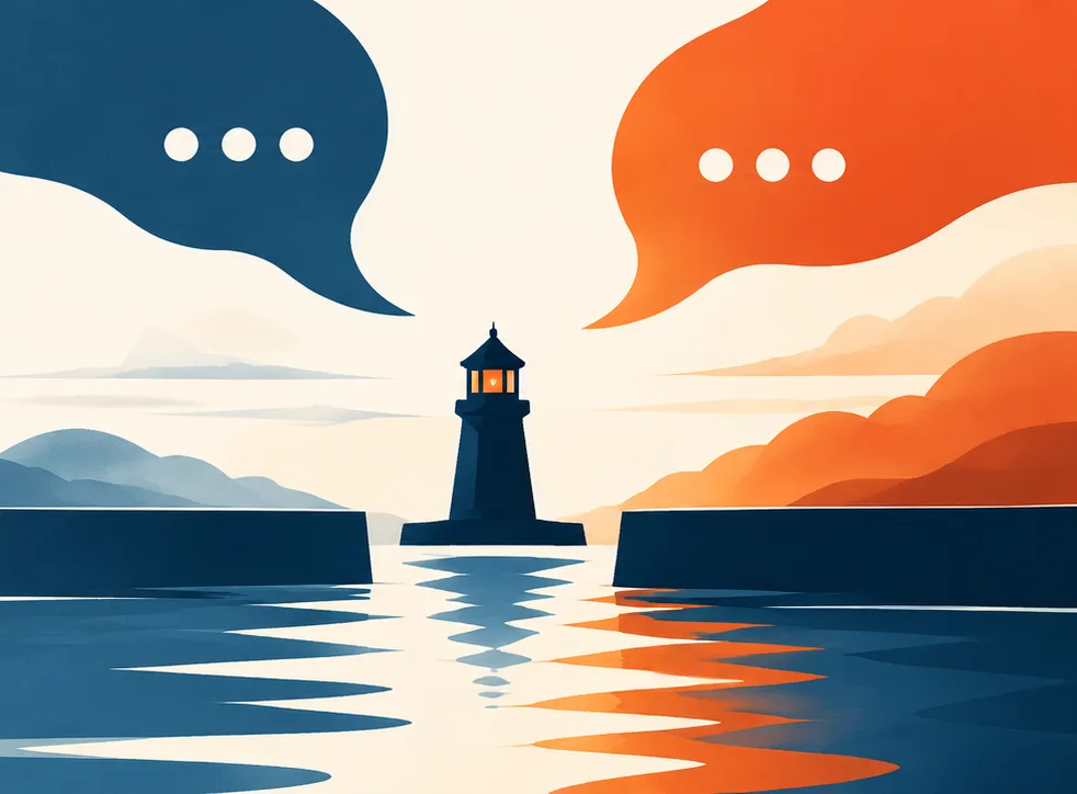 A lighthouse between two harbour walls, with a blue speech bubble on one side and an orange one on the other